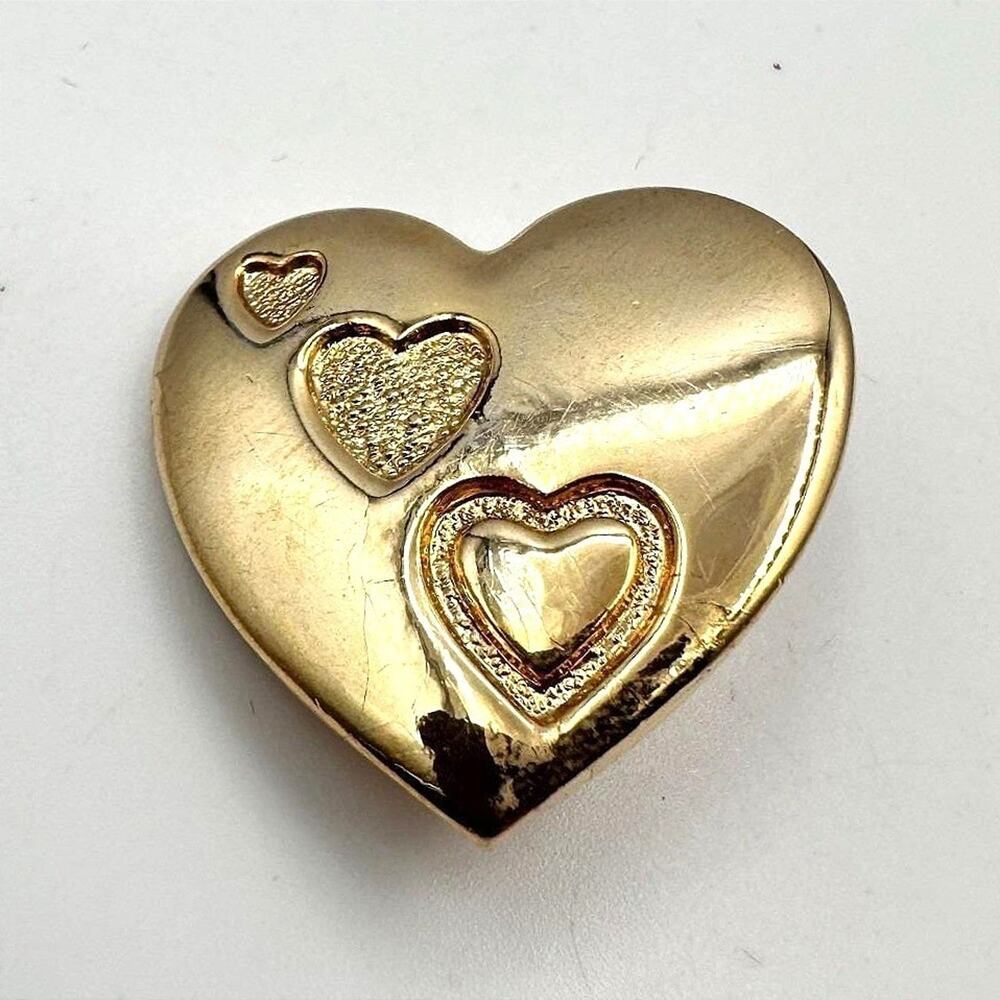 Vintage 80s Variety Gold Tone Embossed Three Hearts in Heart Brooch Pin Jewelry